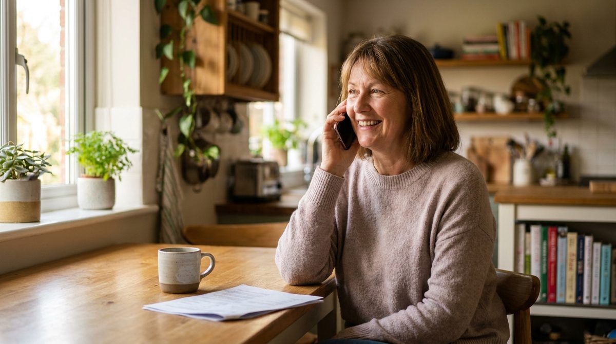 Homeowner on the phone at her kitchen table